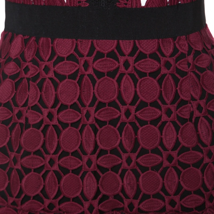 Pre Owned Self Portrait Burgundy Contrast Trim Detail Embroidered Lace Dress S
