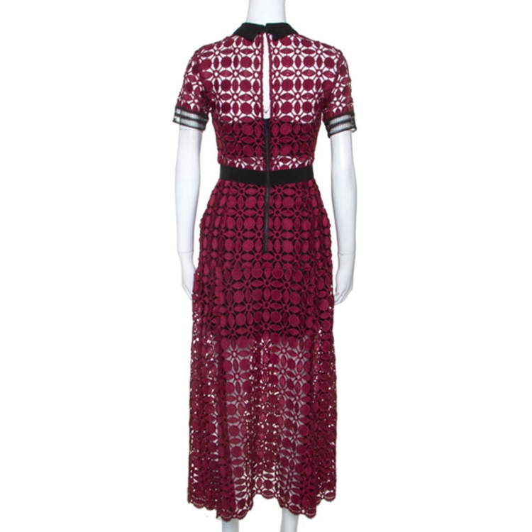 Pre Owned Self Portrait Burgundy Contrast Trim Detail Embroidered Lace Dress S