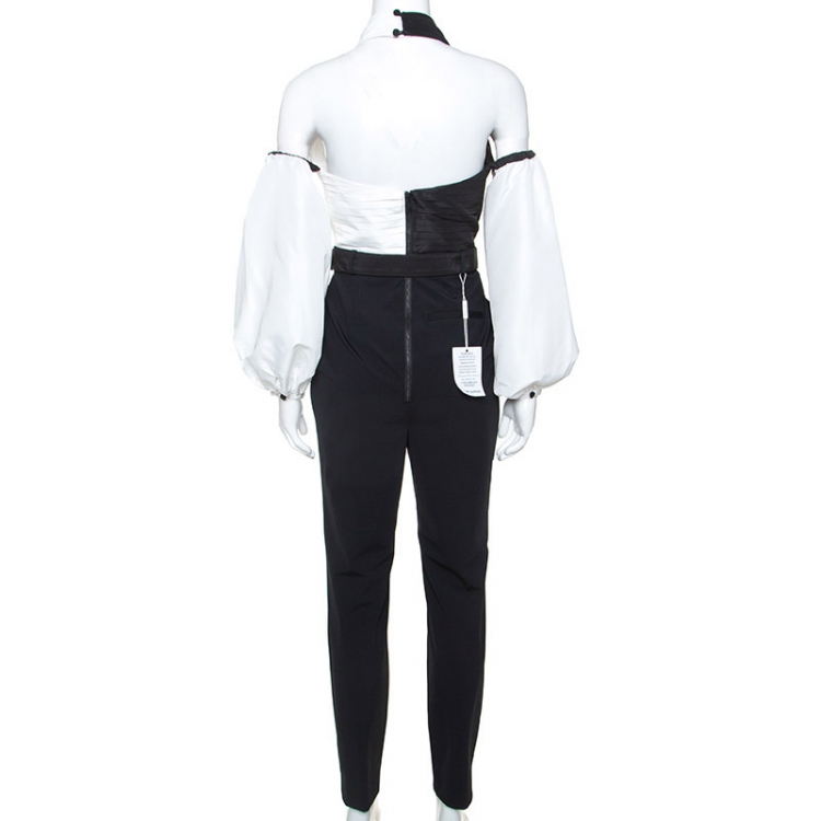 Pre Owned Self Portrait Monochrome Cross Front Neck Belted Jumpsuit M 