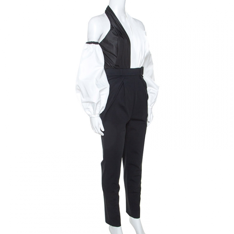 Pre Owned Self Portrait Monochrome Cross Front Neck Belted Jumpsuit M 