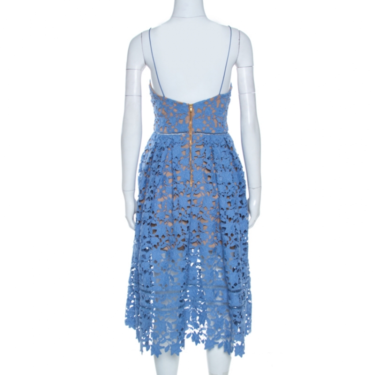 Pre Owned Self Portrait Blue Floral Guipure Lace Azaelea Dress S