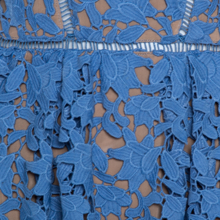 Pre Owned Self Portrait Blue Floral Guipure Lace Azaelea Dress S
