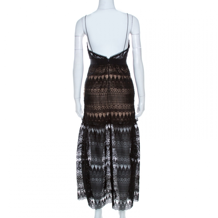 Pre Owned Self Portrait Black Teardrop Guipure Lace Maxi Dress S