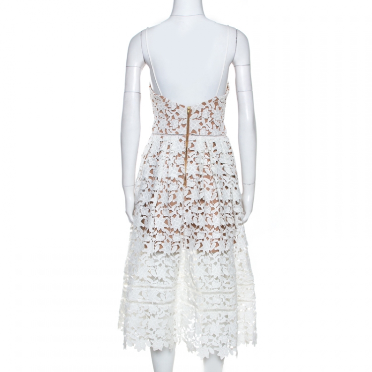 Pre Owned Self Portrait White Floral Guipure Lace Azaelea Midi Dress S