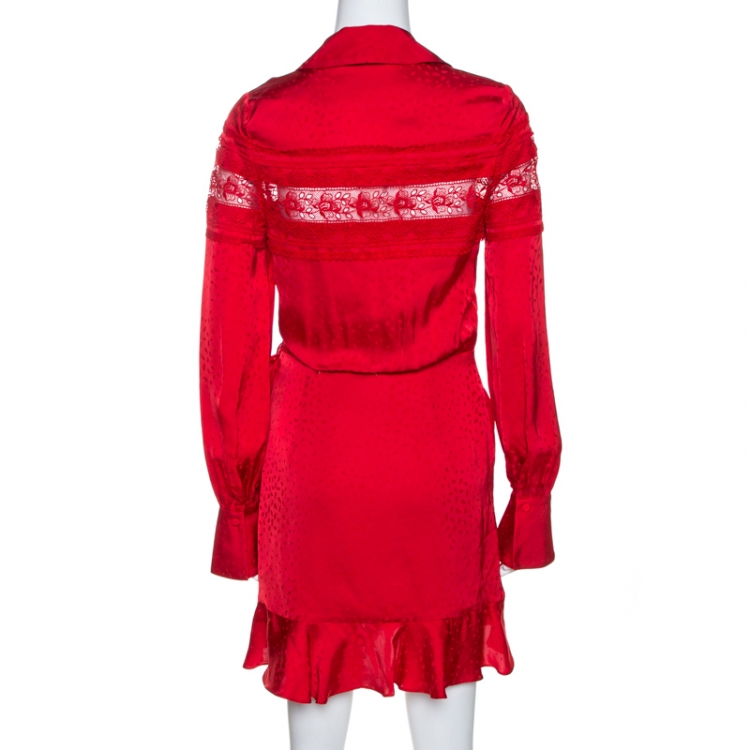 Pre Owned Self-Portrait Red Satin Jacquard Lace Trim Wrap Dress S
