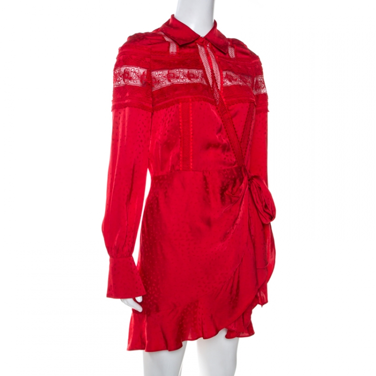 Pre Owned Self-Portrait Red Satin Jacquard Lace Trim Wrap Dress S