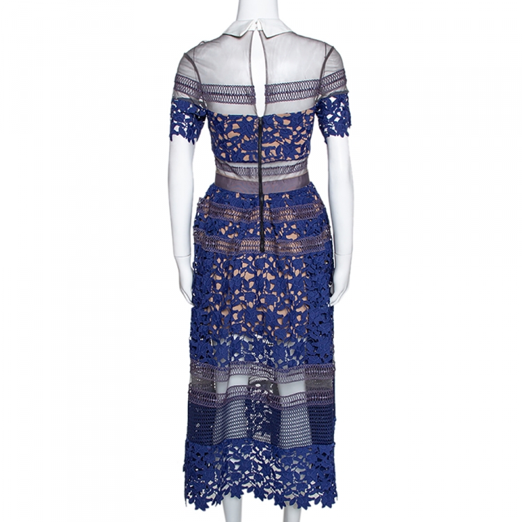 Pre Owned Self Portrait Blue Guipure Lace & Mesh Paneled Liliana Midi Dress S