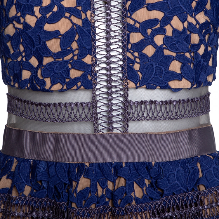 Pre Owned Self Portrait Blue Guipure Lace & Mesh Paneled Liliana Midi Dress S