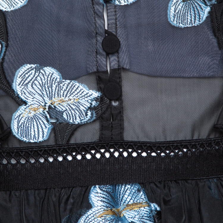 مملوكة مسبقًا Self-Portrait Black & Blue Floral Fil Coupe Cape Detail Tiered Midi Dress M
