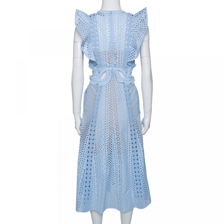 Pre Owned Self-Portrait Blue Floral Embroidered Cotton Cutout Midi Dress S