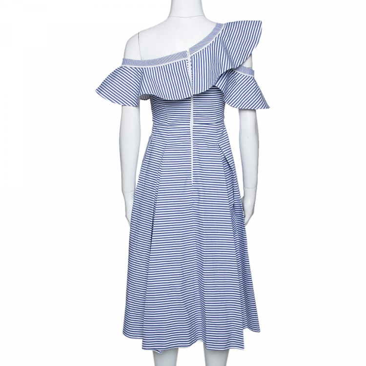 Pre Owned Self Portrait Blue Striped Cotton Asymmetric Flared Dress S