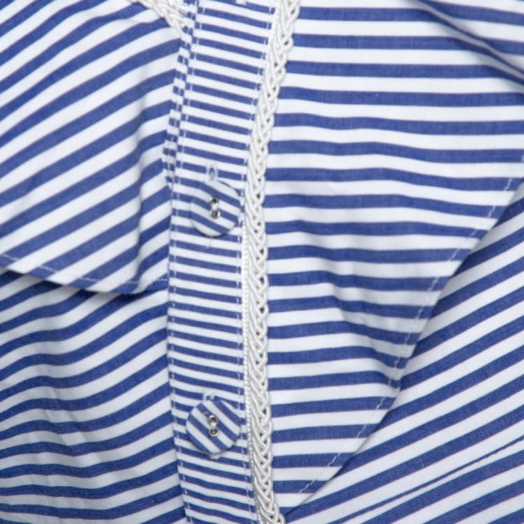 Pre Owned Self Portrait Blue Striped Cotton Asymmetric Flared Dress S