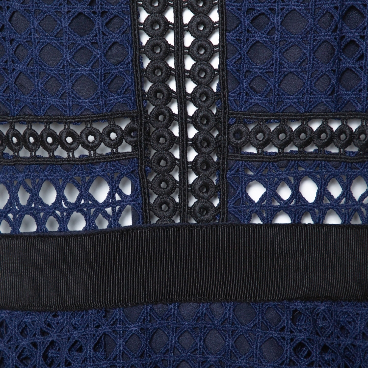 Pre Owned Self Portrait Navy Blue Lace Crosshatch Paneled Midi Dress L