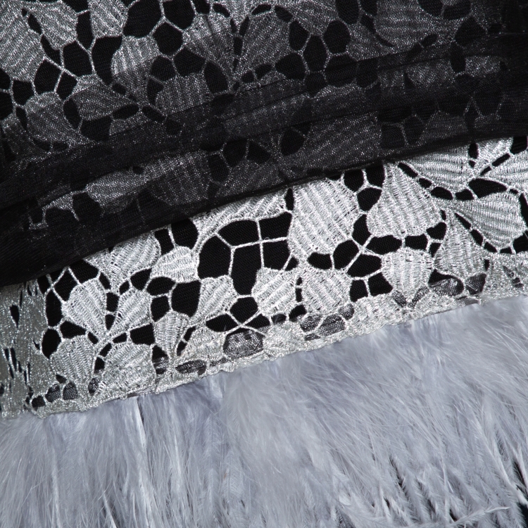 Pre Owned Self-Portrait Black Lace Tulle Overlay Feather Trim Top M