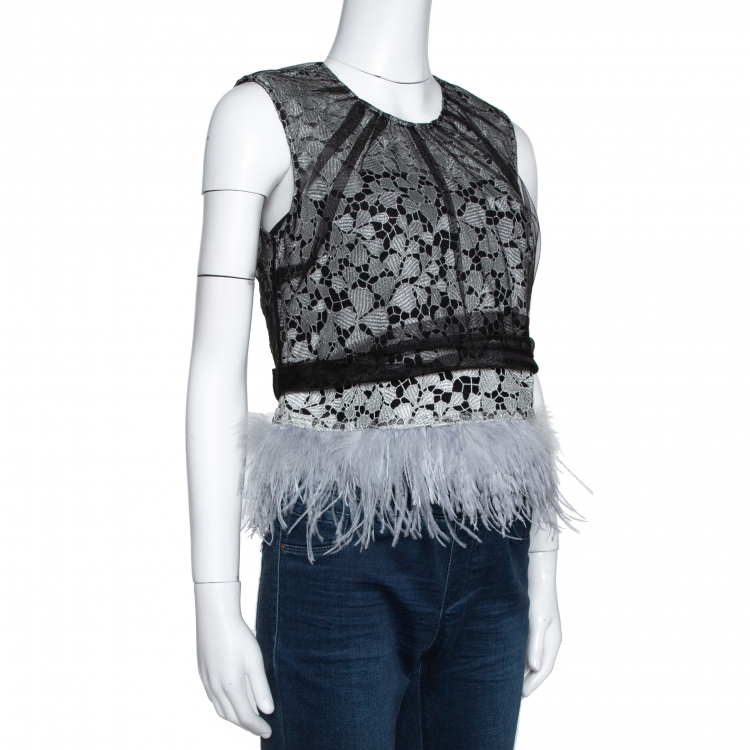 Pre Owned Self-Portrait Black Lace Tulle Overlay Feather Trim Top M