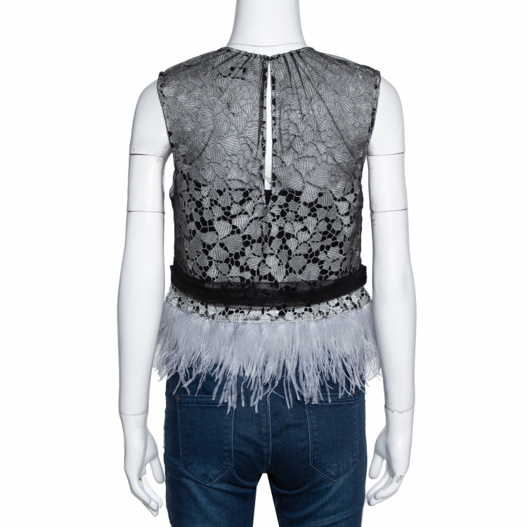 Pre Owned Self-Portrait Black Lace Tulle Overlay Feather Trim Top M