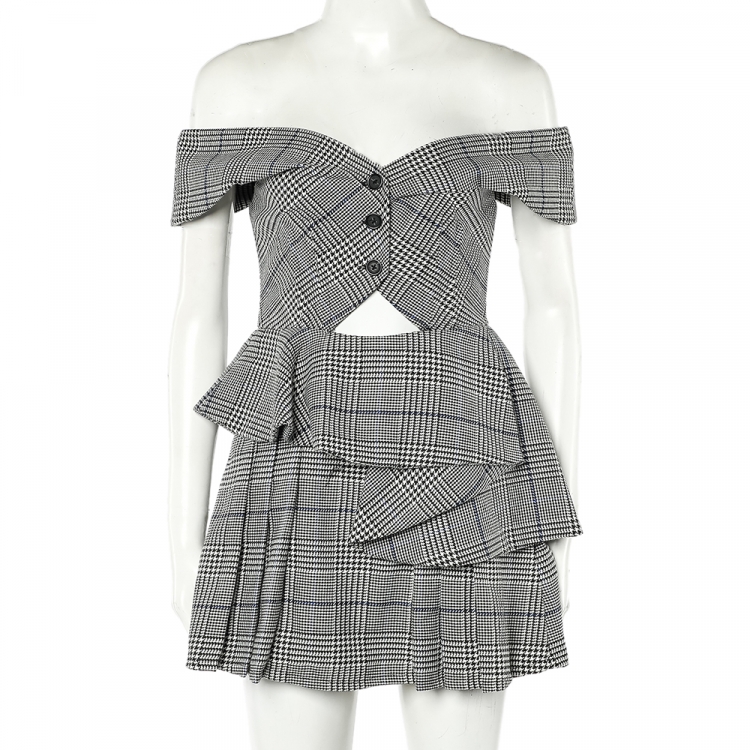 مملوكة مسبقًا Self Portrait Monochrome Checkered Cutout Detail Off Shoulder Mini Dress S