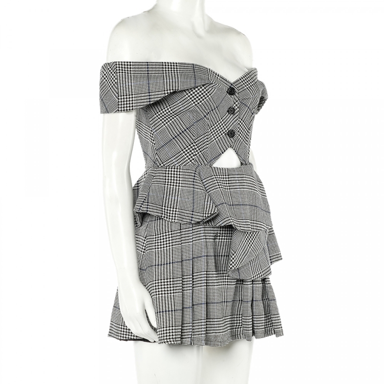 مملوكة مسبقًا Self Portrait Monochrome Checkered Cutout Detail Off Shoulder Mini Dress S