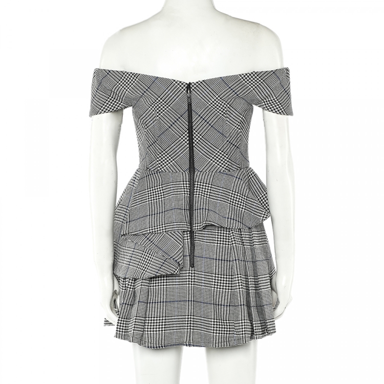 مملوكة مسبقًا Self Portrait Monochrome Checkered Cutout Detail Off Shoulder Mini Dress S