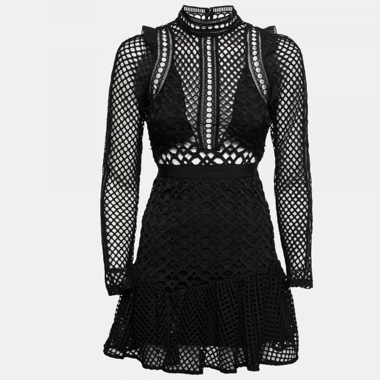 Pre Owned Self-Portrait Black Guipure Lace Hall Mini Dress S