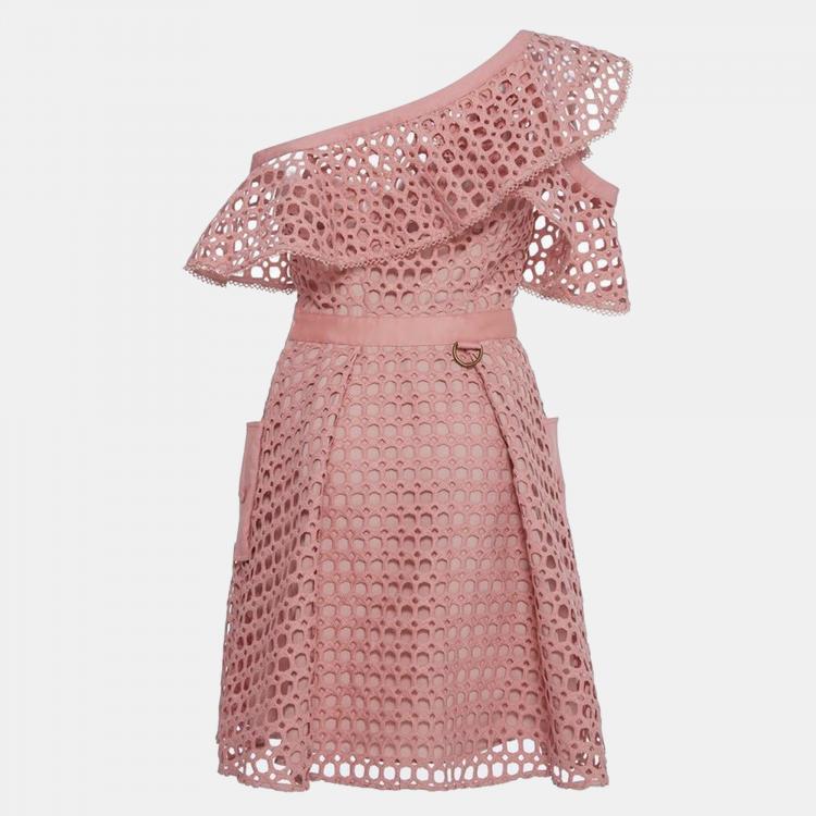 Pre Owned Self-Portrait Pink Guipure  Ruffle One Shoulder Mini Dress S