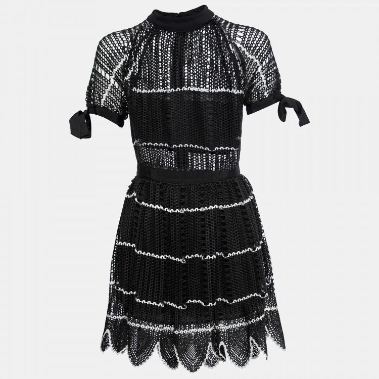 Pre Owned Self-Portrait Black Crochet Lace Scalloped Hem Mini Dress S