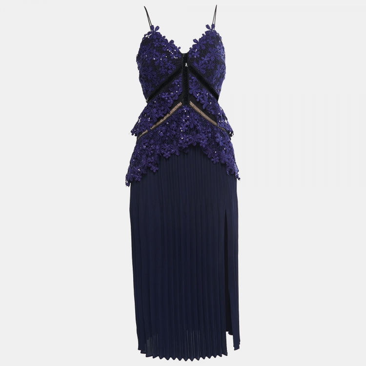 Pre Owned Self-Portrait Blue Guipure Lace Pleated Midi dress S