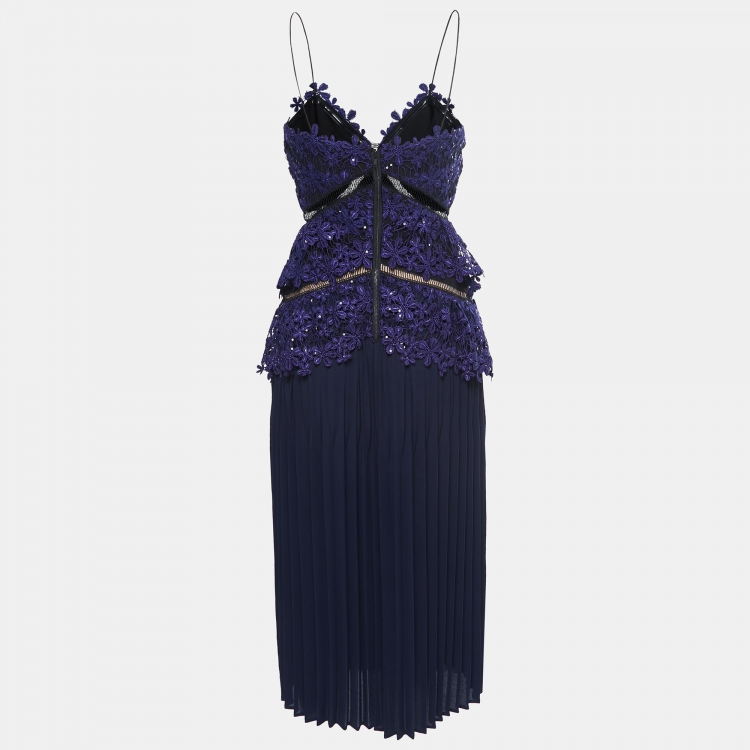 Pre Owned Self-Portrait Blue Guipure Lace Pleated Midi dress S
