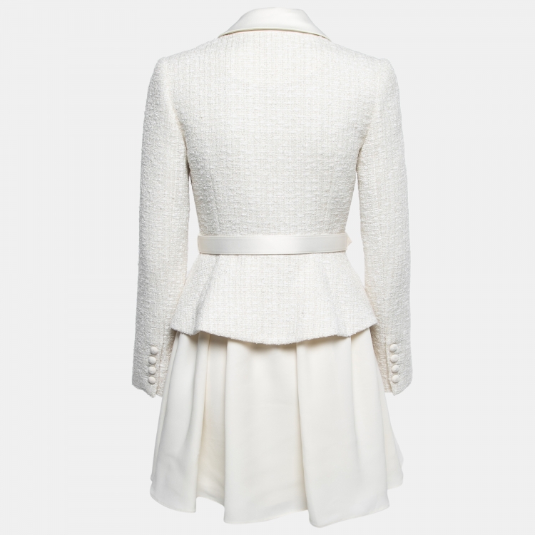 Pre Owned Self-Portrait Cream Boucle Tweed & Crepe Blazer Dress S