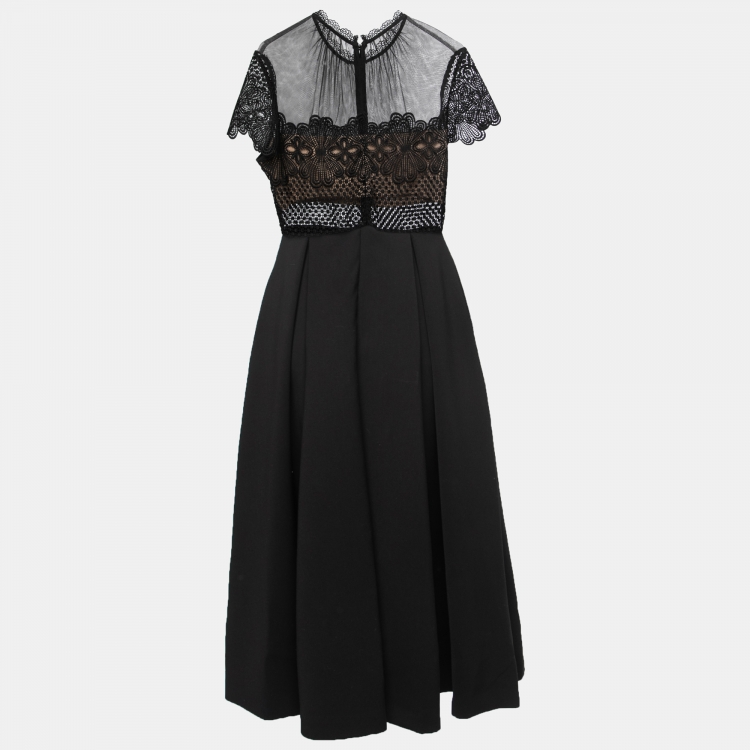 Pre Owned Self-Portrait Black Embroidered Lace and Cady Felicia Midi Dress L