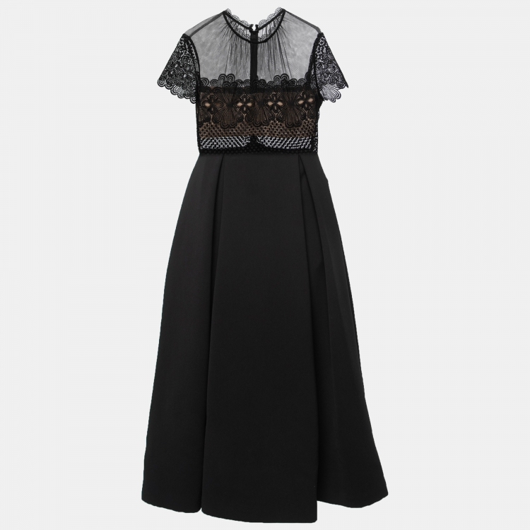 Pre Owned Self-Portrait Black Embroidered Lace and Cady Felicia Midi Dress L
