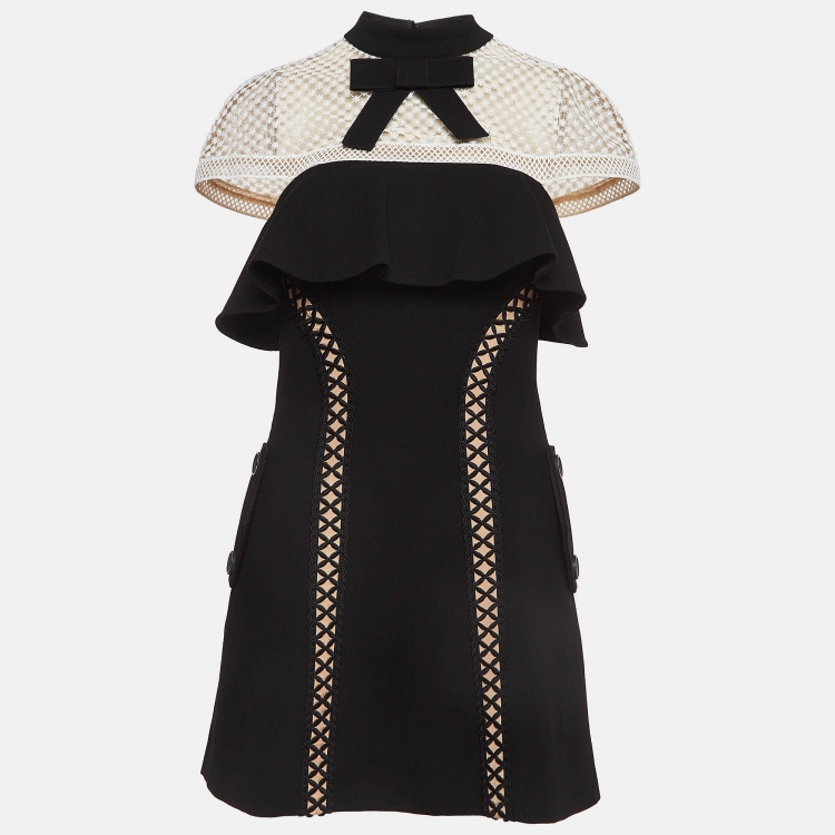 مملوكة مسبقًا Self-Portrait Black Crepe Lace Trimmed Mini Dress S