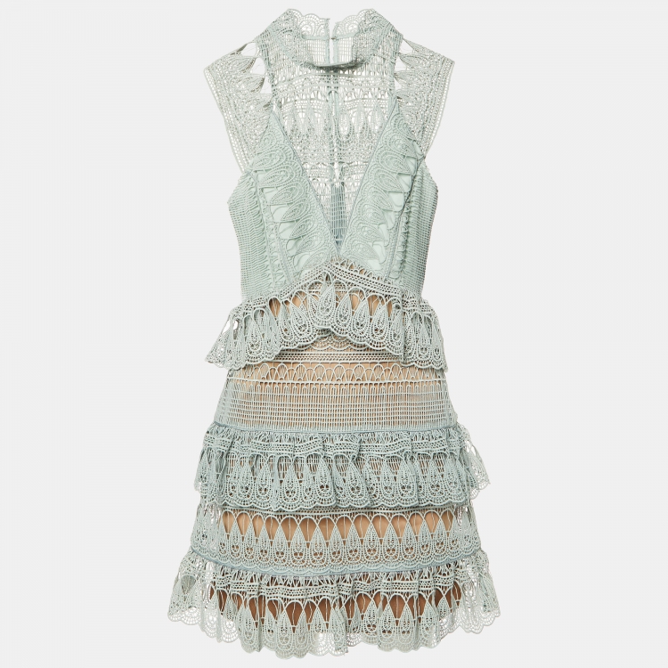 Pre Owned Self- Portrait Mint Green Lace Mini Dress S