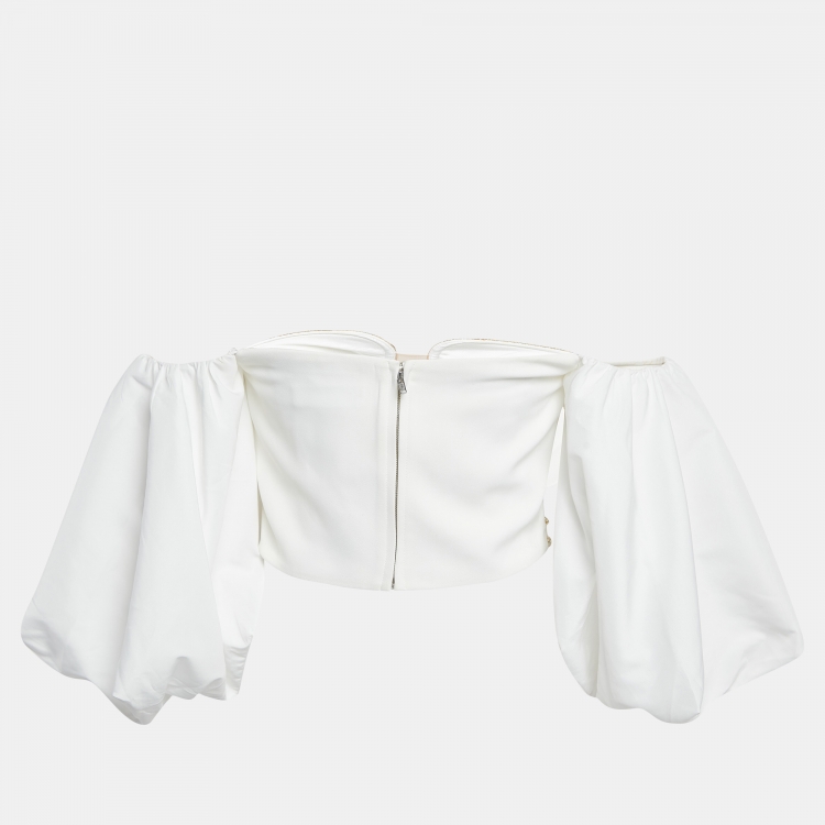 Pre Owned Self-Portrait White Crepe Embellished Crop Top S