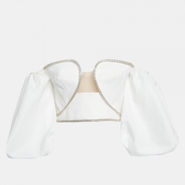 Pre Owned Self-Portrait White Crepe Embellished Crop Top S
