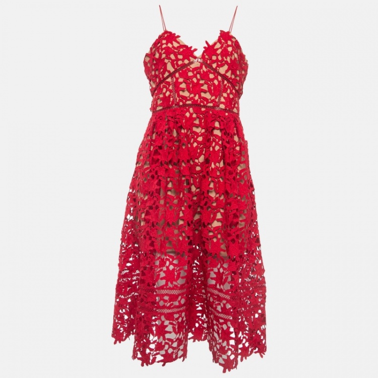 Pre Owned Self-Portrait Red Guipure Lace Azaelea Midi Dress M