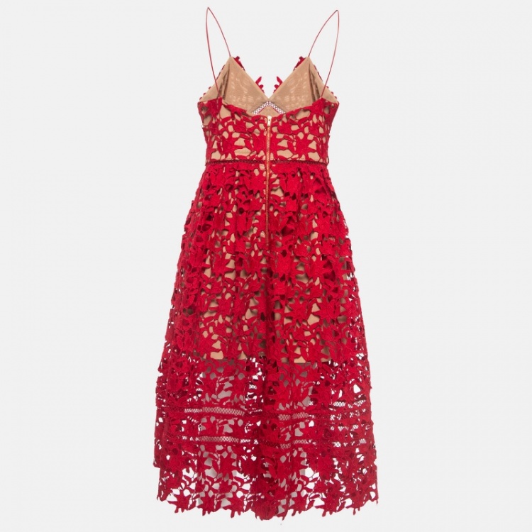 Pre Owned Self-Portrait Red Guipure Lace Azaelea Midi Dress M