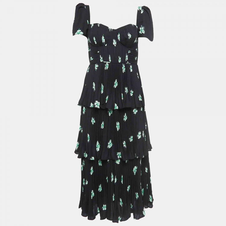 مملوكة مسبقًا Self-Portrait Black Pansy Print Chiffon Tiered Midi Dress M