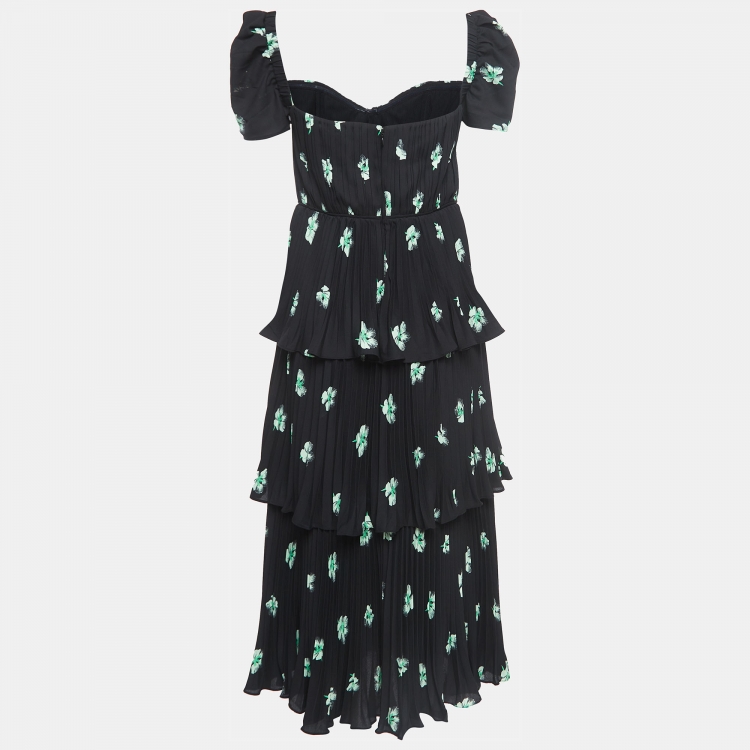 مملوكة مسبقًا Self-Portrait Black Pansy Print Chiffon Tiered Midi Dress M