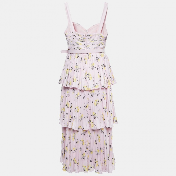 مملوكة مسبقًا Self-Portrait Pink Floral Print Satin Tiered Plisse Midi Dress M