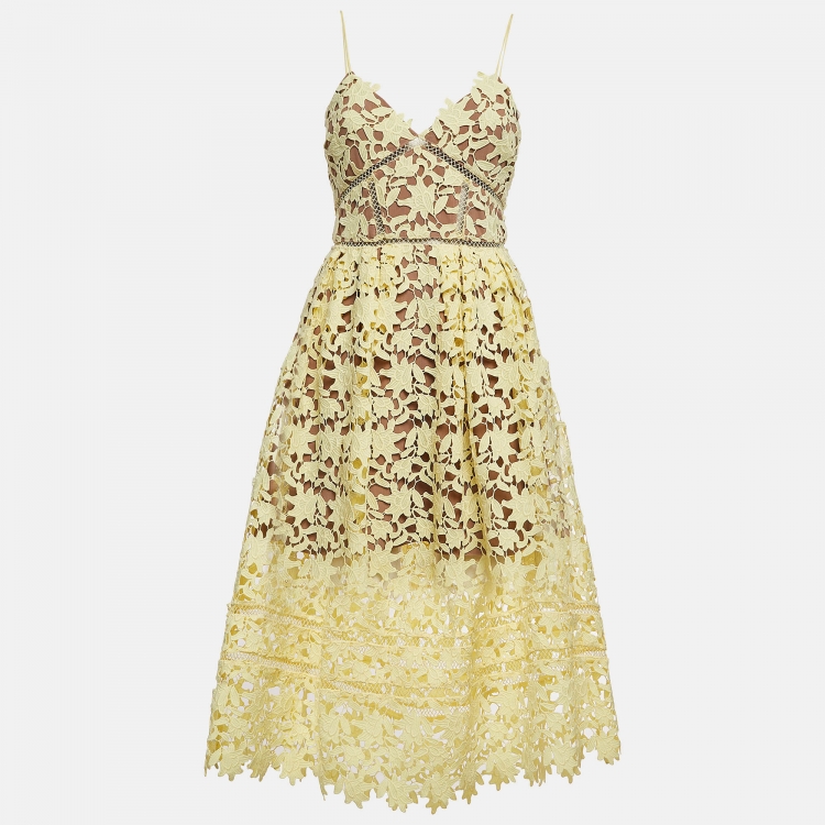 Pre Owned Self-Portrait Yellow Guipure Lace Azaelea Midi Dress S