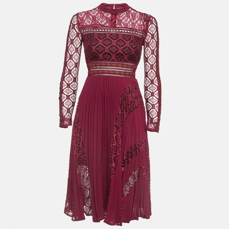 مملوكة مسبقًا Self-Portrait Burgundy Lace and Crepe Plisse Midi Dress S