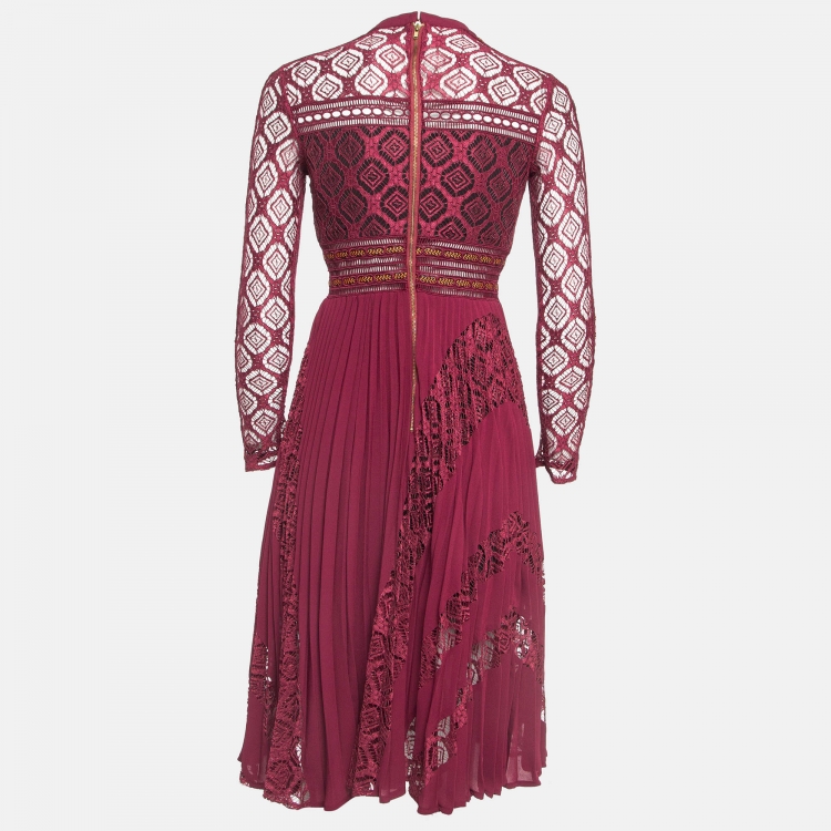 مملوكة مسبقًا Self-Portrait Burgundy Lace and Crepe Plisse Midi Dress S