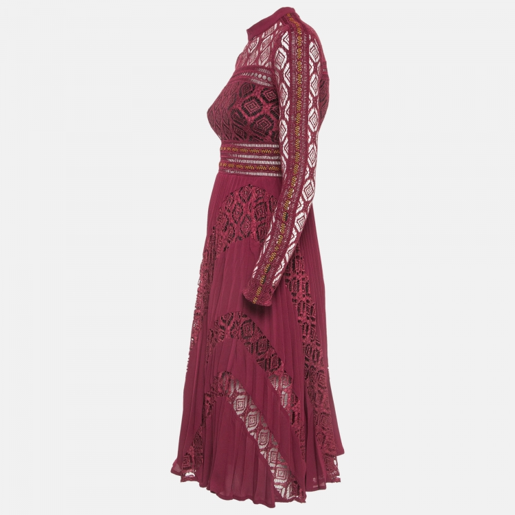 مملوكة مسبقًا Self-Portrait Burgundy Lace and Crepe Plisse Midi Dress S