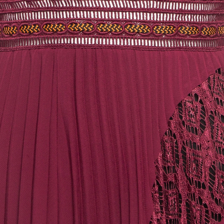 مملوكة مسبقًا Self-Portrait Burgundy Lace and Crepe Plisse Midi Dress S