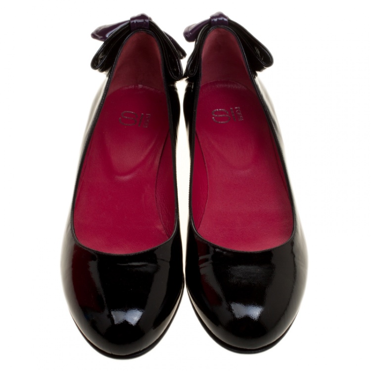 Pre Owned Sergio Rossi Black Patent Leather Bow Detail Ballet Flats Size 38