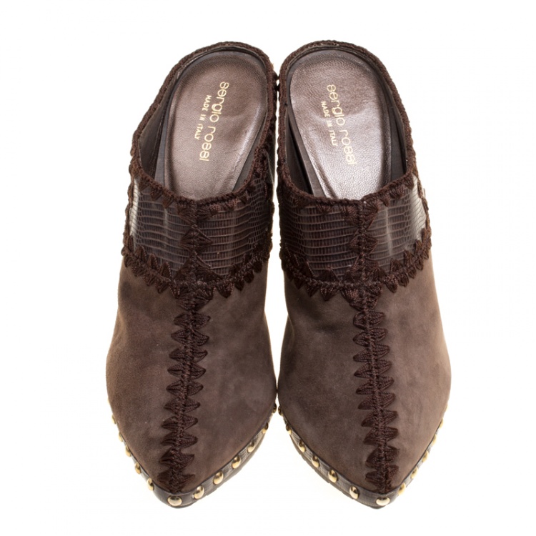 Pre Owned Sergio Rossi Brown Suede Stud Trim Wooden Platform Pointed Toe Mules Size 40