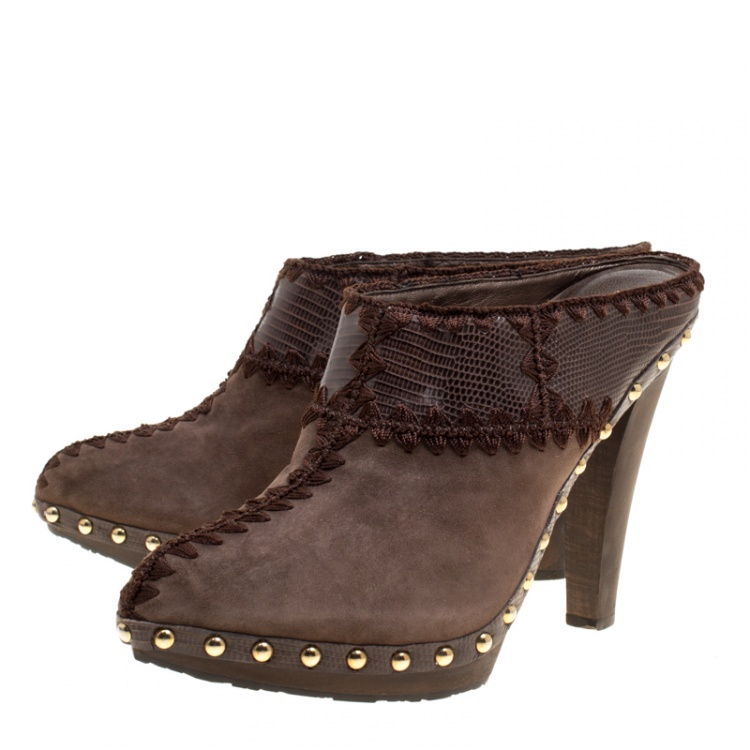 Pre Owned Sergio Rossi Brown Suede Stud Trim Wooden Platform Pointed Toe Mules Size 40
