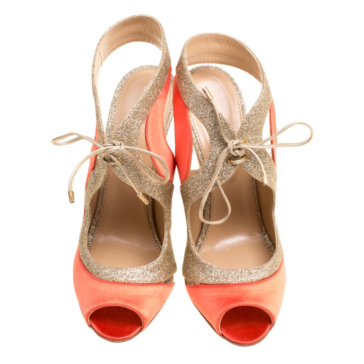 Pre Owned Sergio Rossi Orange Satin And Glitter Yin Yang Lace Up Sandals Size 39