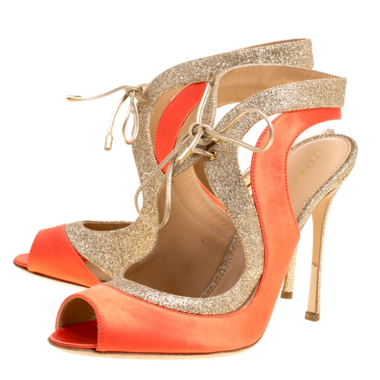 Pre Owned Sergio Rossi Orange Satin And Glitter Yin Yang Lace Up Sandals Size 39